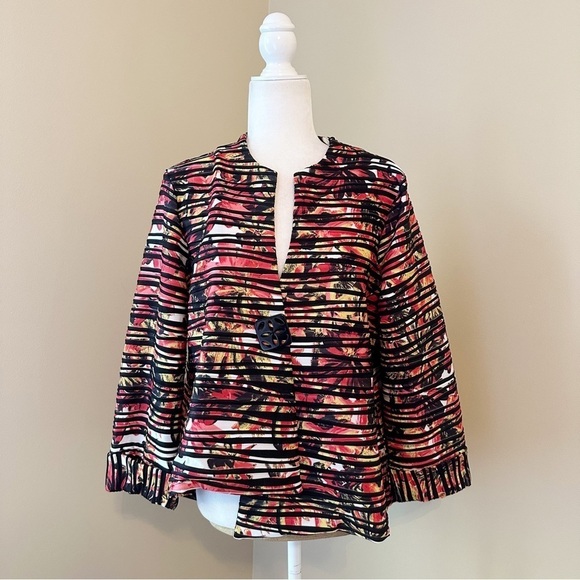 Multiples Asymmetrical Hem Button Stripe Floral Jacket - Medium - Picture 12 of 12